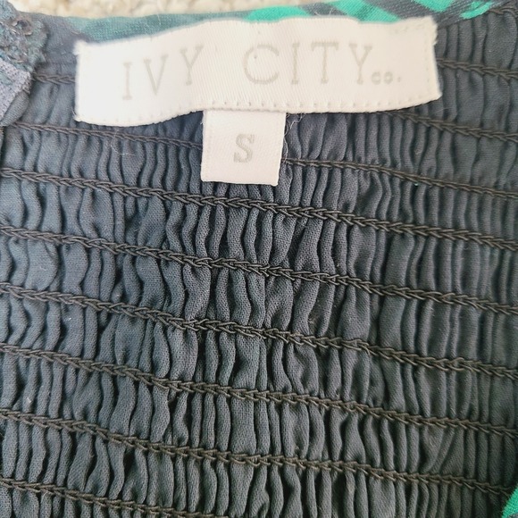 Ivy City Co Plaid Smocked Jumpsuit S Green Blue Puff Sleeve Square Ruffle Neck - Picture 7 of 11